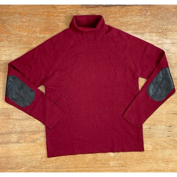 Vintage Wool Sweater with Elbow Patches Size Small 90s Fine Knit Red Turtleneck - Picture 1 of 5